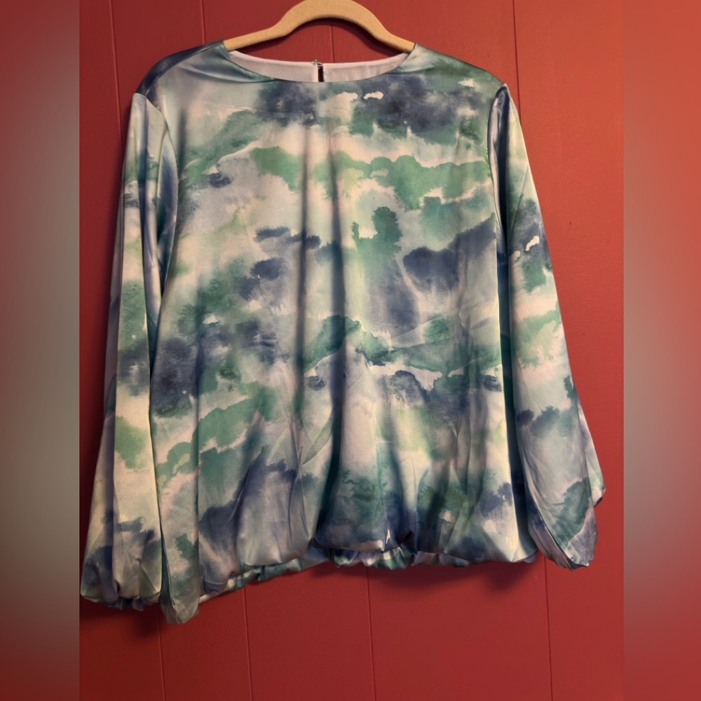 Chico's Blue and Green Watercolor Bubble Hem Blouse